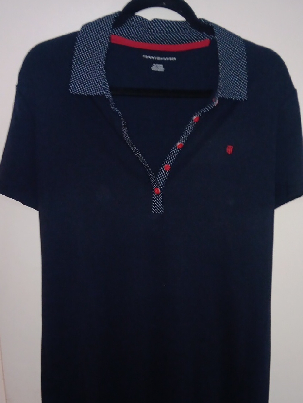 Tommy Hilfiger Navy Polo with Red Accents and Patterned Collar